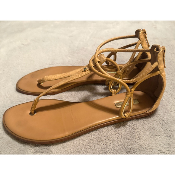 Aldo Beige Thong T-Strap Flat Sandals Size 10 snakeskin Leather Gold Accents - Picture 1 of 8